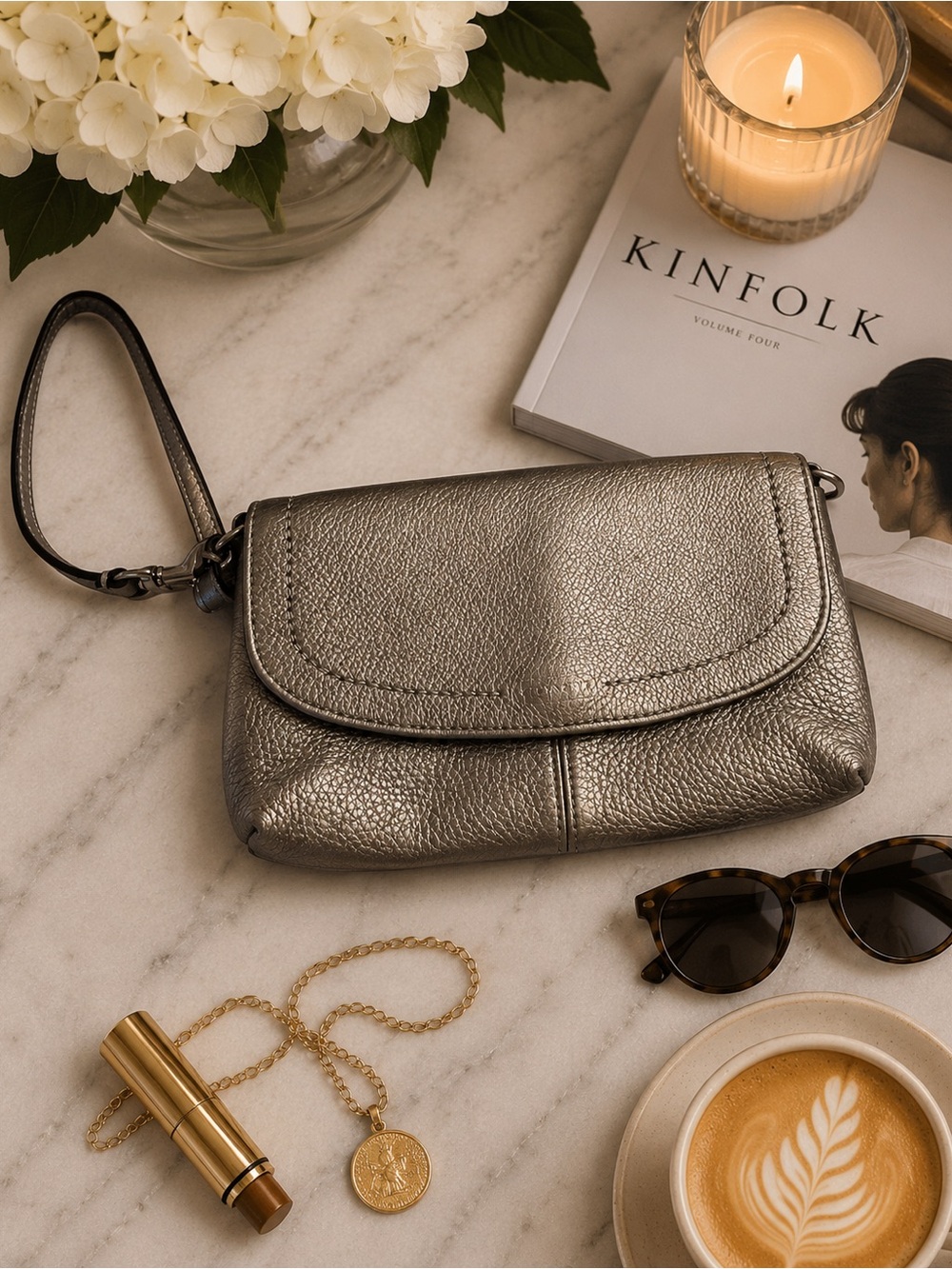 Coach Metallic/Pewter Leather Wristlet from the early 2010s